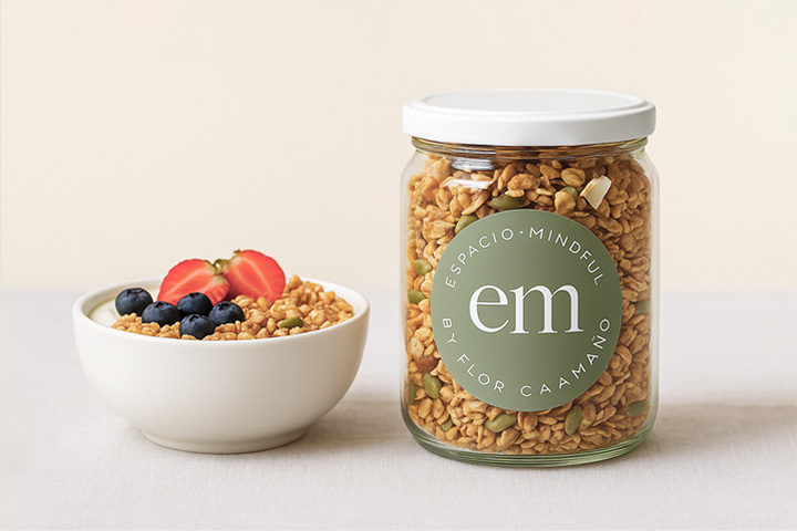 Granola casera de Espacio Mindful en frasco de vidrio, lista para servir